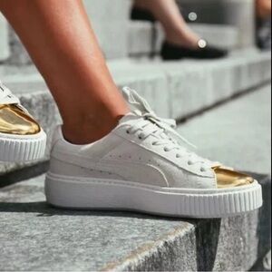 Puma Rihanna Suede Sneakers Women 10 Shoes Gray Gold Toe Metallic